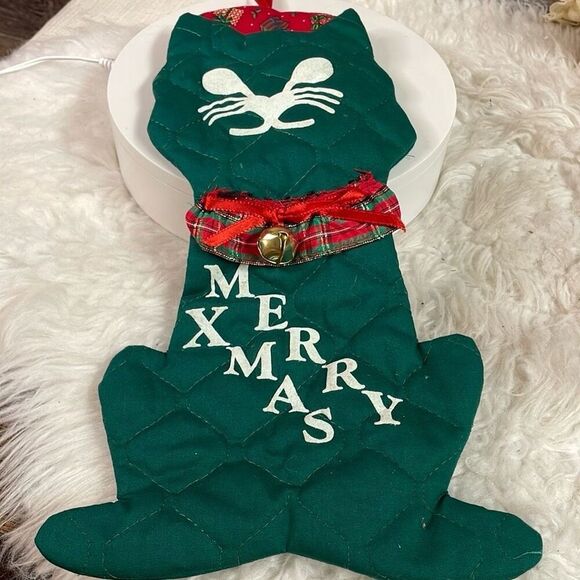 Vintage Quilted Cat Christmas Holiday Stocking Door Hanger Decor Green Red White - Picture 4 of 6